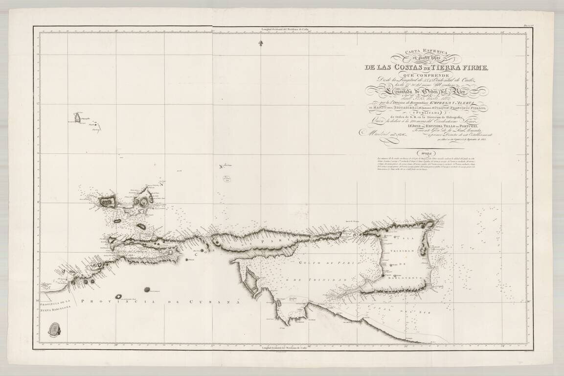 Carta Esferica en quatro hojas De Las Costas De Tierra Firme . . . Levantada de Orden del Rey Desdee 1793, hasta 1802.  por al 2.a Division Bergantines Empresa y Alerta al Mando del Brigadier de la Rl. Armada Dn. Joaquin Francisco Fidalgo . . . 1816.