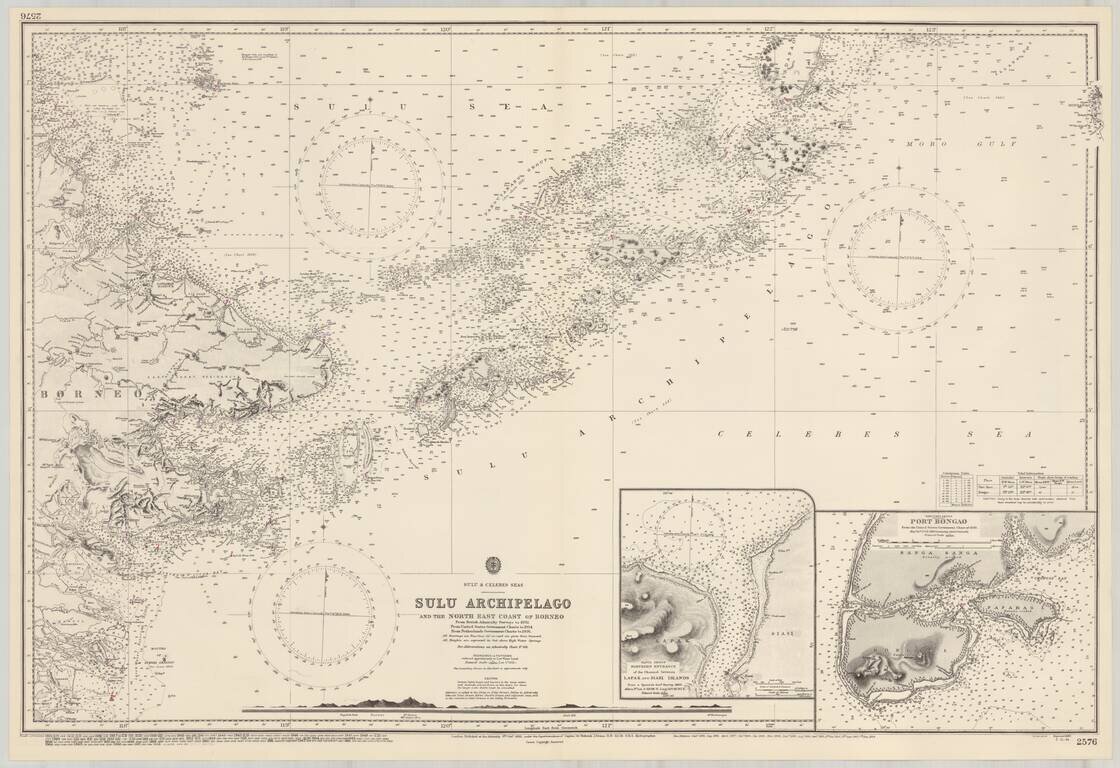 Sulu Archipelago and the North East Coast of Borneo  From British Admiralty.  Surveys to 1892, From United States Government Charts to 1934.  From Netherlands Government Charts to 1936.