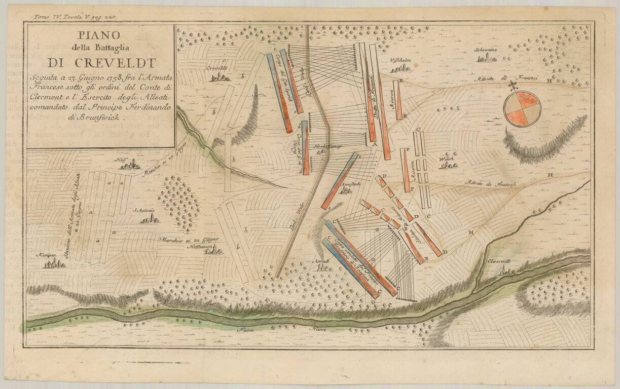 Plano della Battaglia Di Creveldt Seguita a 23 Giugno 1758 fra l'Armata Francese sotto gli ordini del Contei di Clermont e l'Esercito degli Alleati comandato dal Principe Ferdinando di Brunswick