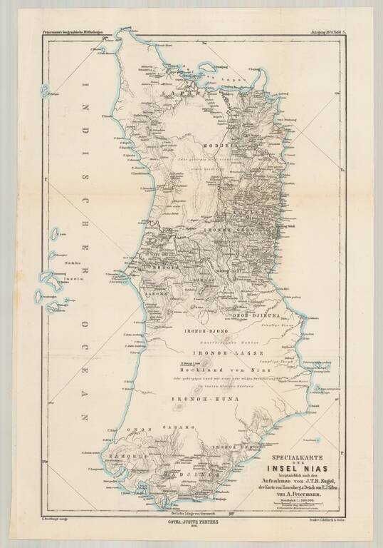 Specialkarte der Insel Nias hauptsachlich nach den Aufhahmen von J.T.R. Nagel, der Karte von Roesnberg & Details von E.J. Sillem