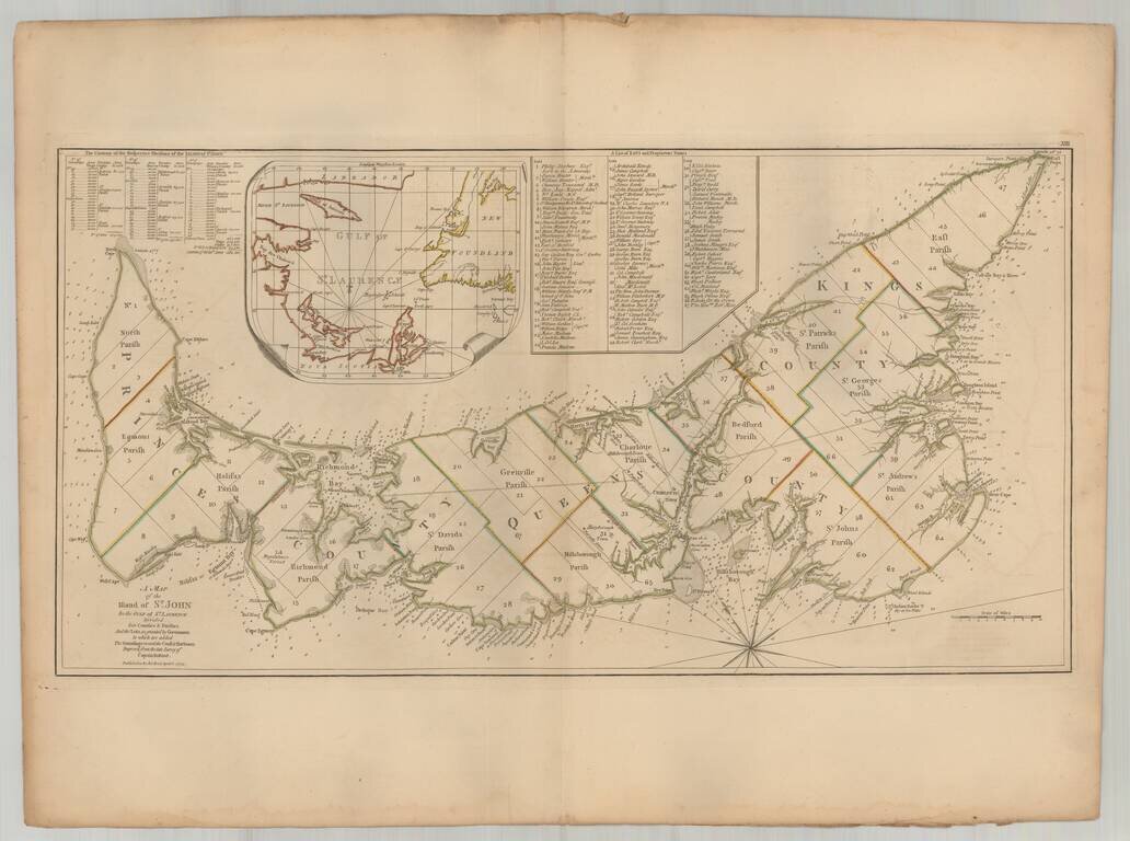 ( Prince Edward Island )  A Map of the Island of St. John In the Gulf of St. Laurence Divided Into Counties & Parishes And the Lots as granted by Government, to which is added The Soundings round the Coast & Harbours Improved from the late Survey of Capta