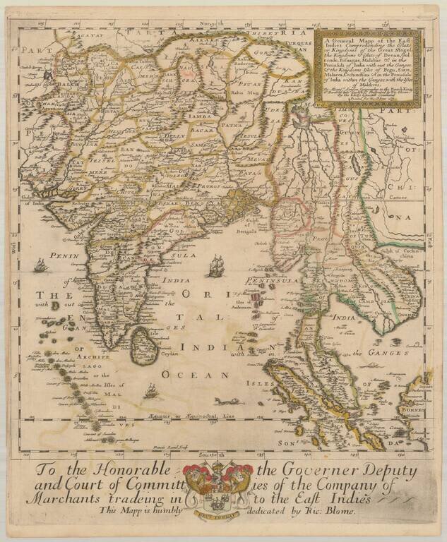 A General Mapp of the East Indies Comprehending the Estats or Kingdoms of the Great Mogol, the Kingdoms & Estats of Decan, Golconde, Bisnagar, Malabar & in the Peninsula of India with out the Ganges.  & the Kingdoms Isles Pegu, Sian, Malacca, Cochinchina 