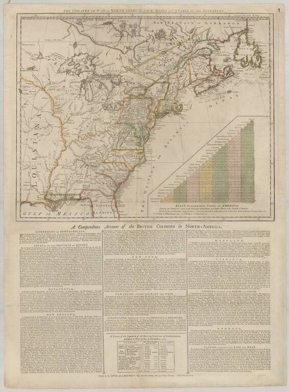 The Theatre of War in North America, with the Roads and a Table of the Distances  [with] A Compendious Account of the British Colonies in North-America.