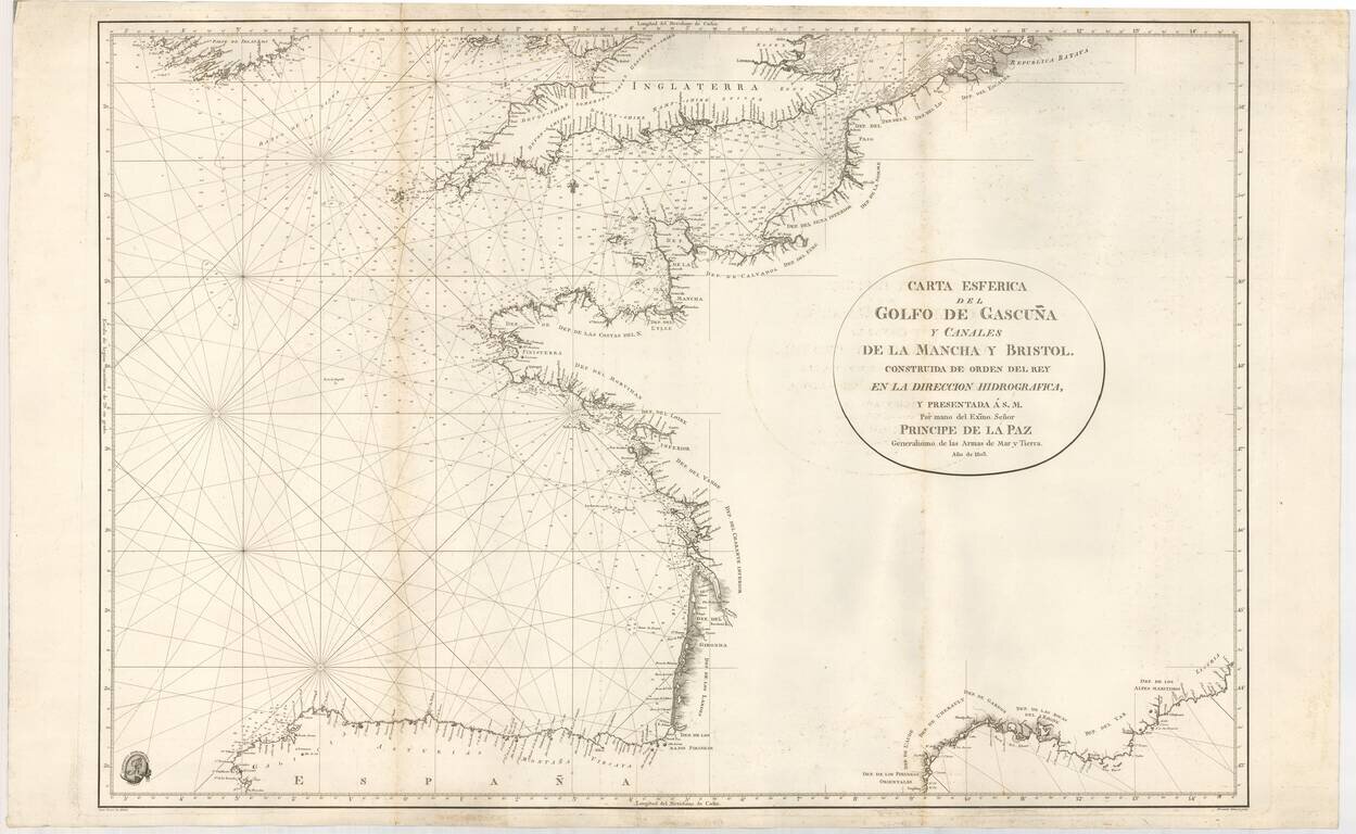 Carta Esferica del Golfo de Gascuña y Canales de la Mancha y Bristol.  Construida de Orden del Rey en la Direccion Hidrografica y Presentada a S.M.Exmo. Señor Principe de La Paz Generalisimo de las Armas de Mar y Tierra.  Año de 1803