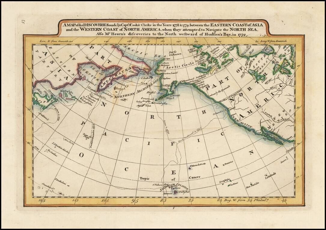 A Map of the Discoveries made by Captn.s Cook & Clerke in the Years 1778 & 1779 between the Eastern Coast of Asia and the Western Coast of North America . ... Also Mr. Hearn's . . .