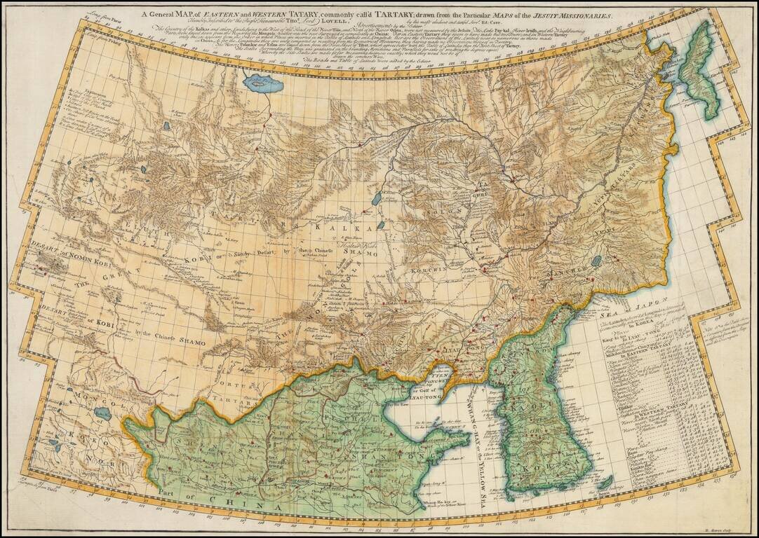 A General Map of Eastern and Western Tatary, commonly call'd Tartary; drawn from the Particular Maps of the Jesuit Missionaries.  Humbly Inscribed to the Right Honourable Thos. Lord Lovell, by his most obedient and dutiful Servt. Ed: Cave.