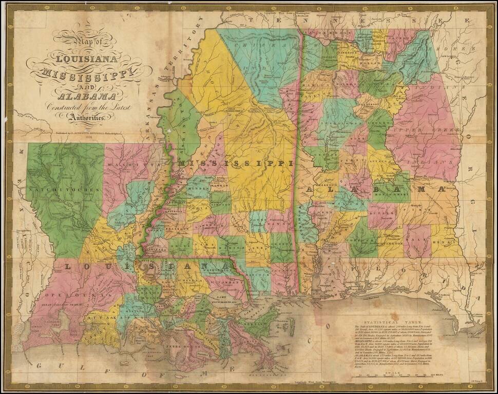 [Pocket Map] Map Of The States Of Louisiana, Mississippi & Alabama Constructed from the latest Authorities.  1831