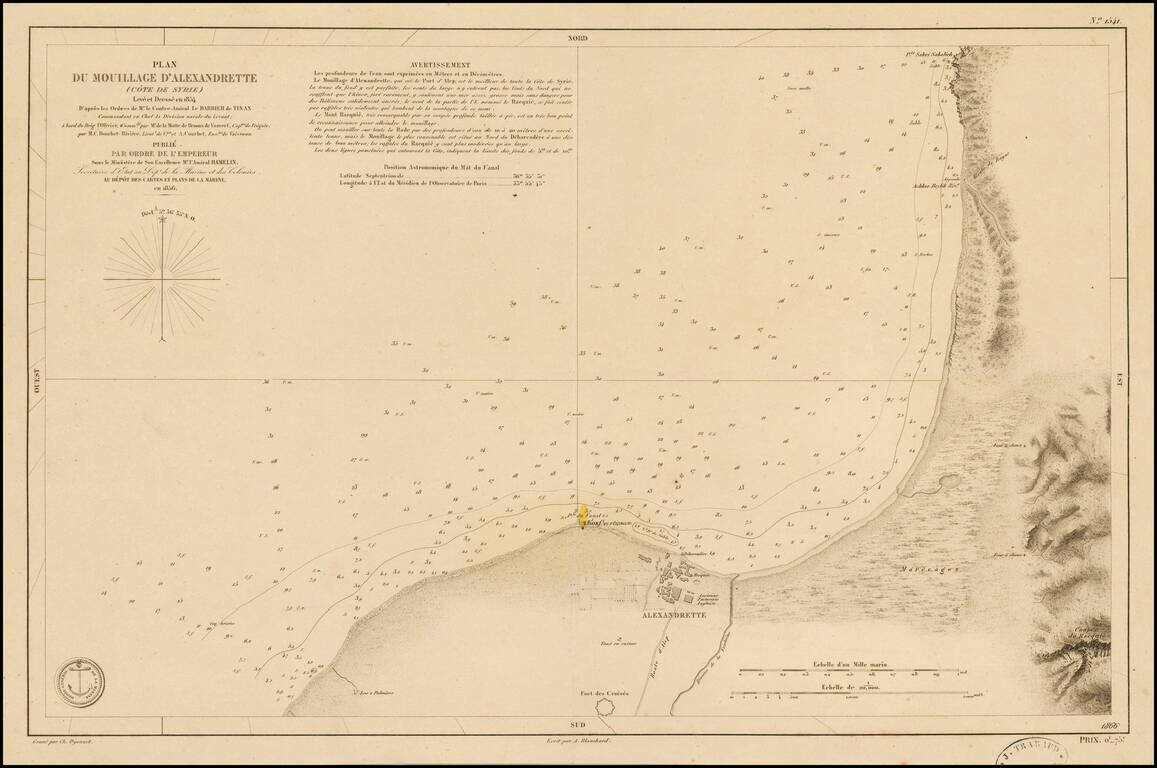 Plan Du Mouillage D'Alexandrette (Cote de Syrie) Leve et Dresse en 1854 . . . Par Ordre de L'Empereur Sous le Ministeree de Son Excellence Mr. L'Amiral Hamelin . . . 1856.