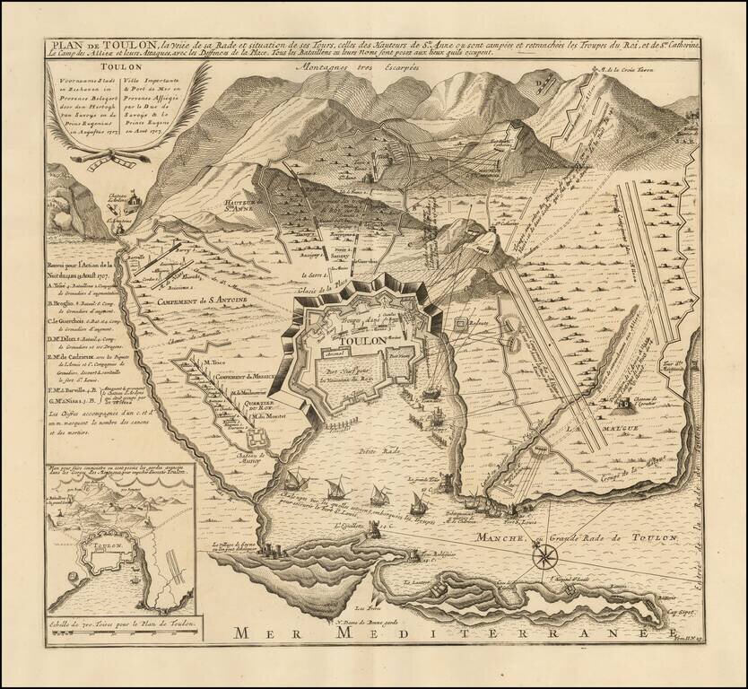 Plan de Toulon, la veue de sa Rade et situation de ses Tours, celles des Hautrurs de Ste. Anne ou sont campees et retranchees les Troupes du Roi, et de Ste. Catherine. Le Campe des Alliez  et leurs Attaques, aved les Deffences de la Place, Tous les Batail