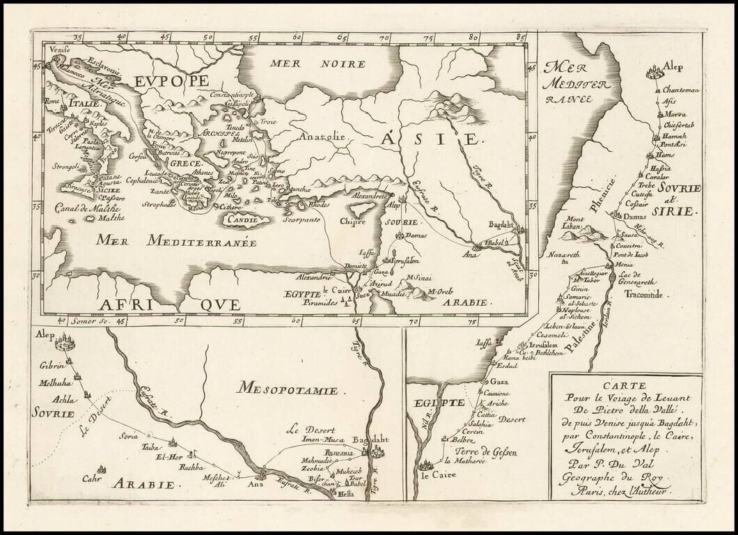 Carte Pour le Voiage de Levant De Pietro della Valle de puis Venise jusqu'a Bagdaht, par Constantinople, le Caire, Jerusalem, et Alep.