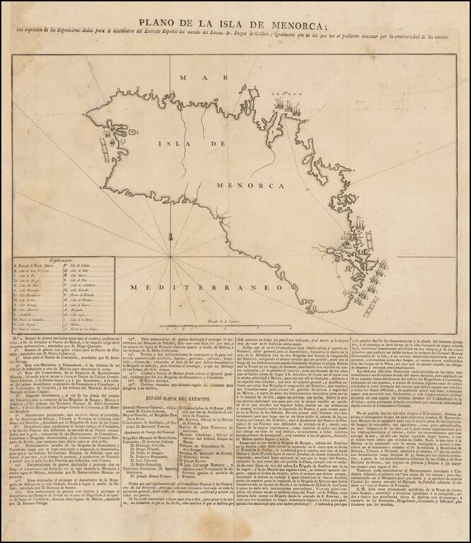 Plano De La Isla De Menorca;  con expresion de las disposiciones dadas para el desembarco del Exercito Espanol del mando del Excemo Sr. Duque de Crillon; igualmente que de las que no se pudieron executar per la contrariedad de los vientos.