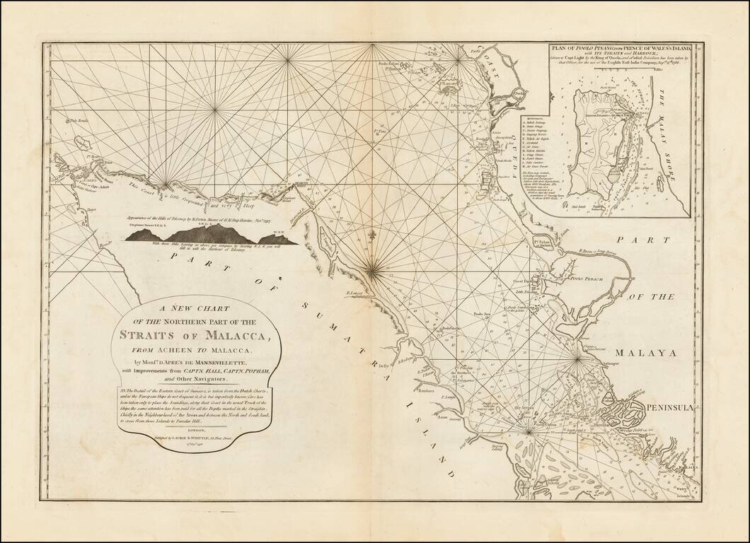 A New Chart of the Northern Part of the Straits of Malacca, From Acheen to Malacca, by Monsr. D'Apres de Mannevillette, with Improvements from Capt. Hall, Capt. Popham, and other Navigators . . .  1798
