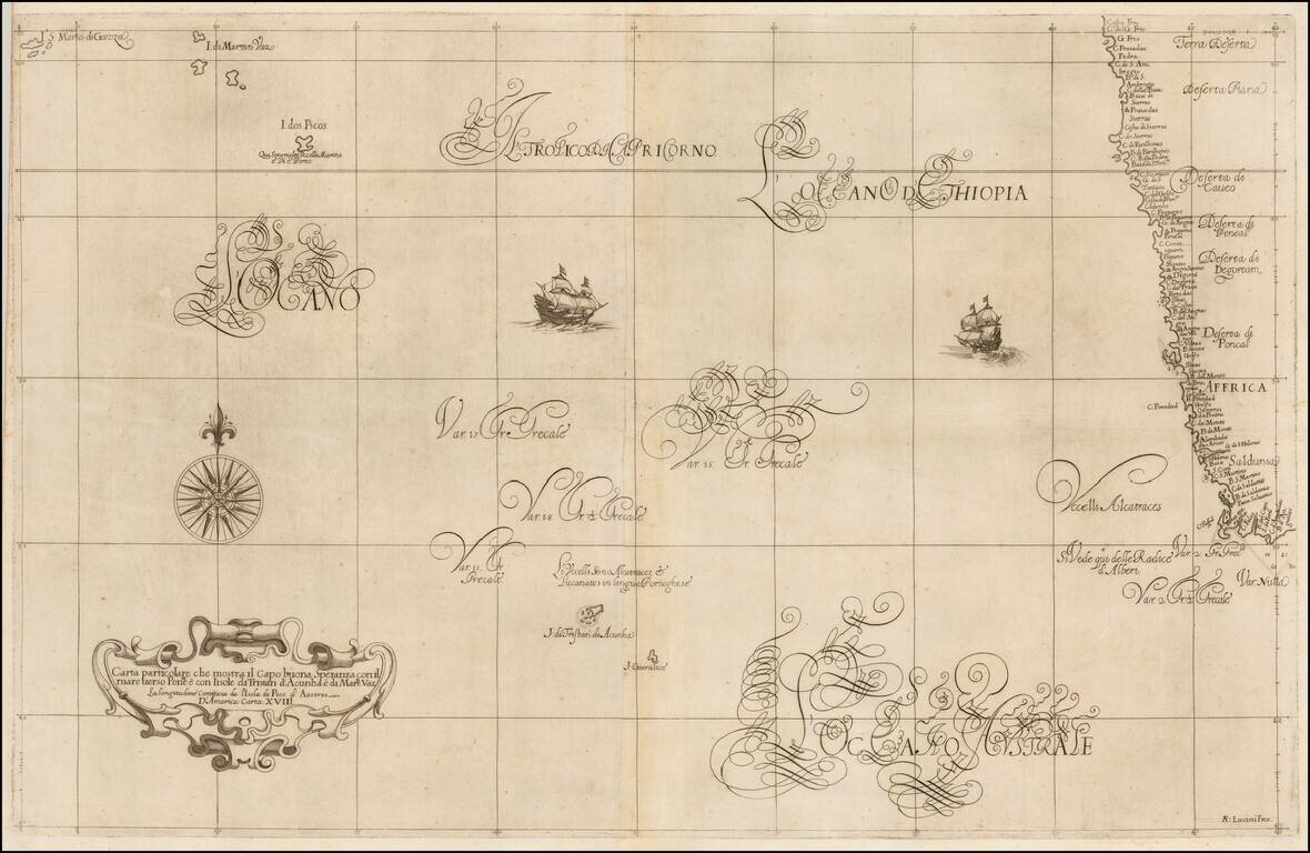 Carta particolare che mostra il Capo buona Speranza con il mare verso Ponte e con l'isole di Tristan d'Acunha e di Martn. Vaz.