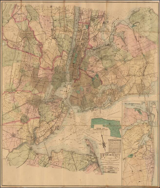 Topographical Map of New York and Vicinity Embracing Fifteen Cities and above 1700 Square Miles.  Showing Rapid Transit Routes Railroads Roads Canals Soundings Buoys &c. . . .