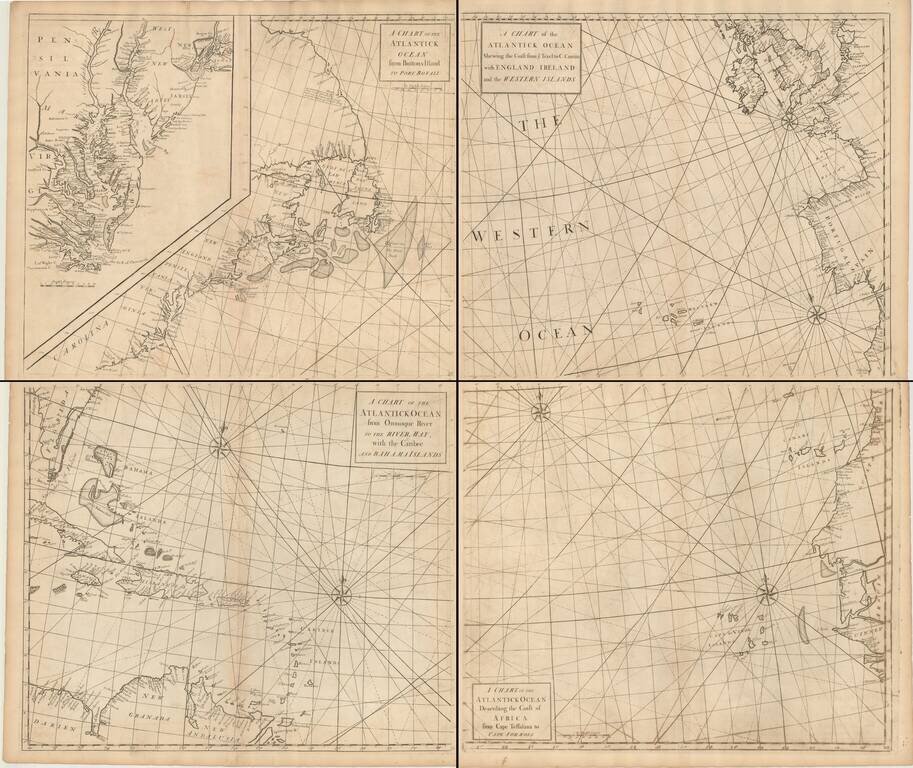 (4 sheet chart of the Atlantic--Large Inset of Chesapeake & Delaware & NYC Harbor) Chart of the Atlantic Ocean from Buttons Island To Port Royall / . . . Oronoque River To The River May / . . . Coast of Africa from Cape Teffalana to Cape Formosa /  . . . 