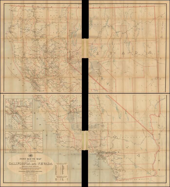 Post Route Map of The States of California and Nevada Showing Post Offices with the Intermediate Distances on Mail Routes In Operation on the 1st of June, 1899 . . .