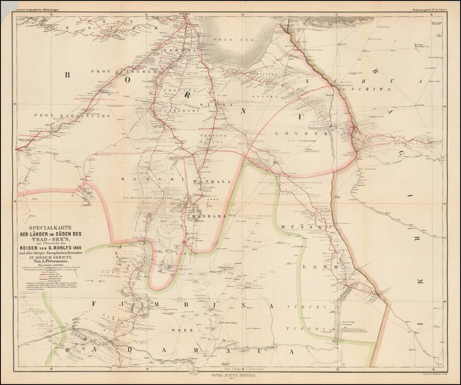 Specialkarte Der Lander im Suden Des Tsad-See's, zur Ubersicht der Reisehn von G. Rohlfs 1866 under aller ubrigen Europaishen Reidenden In Diemsem Gebiete
