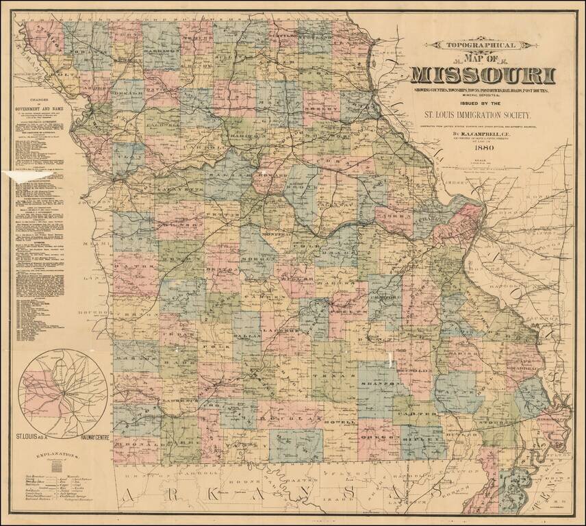 Topographical Map of Missouri Showing Counties, Townships, Towns, Post Offices, Rail Roads, Post Routes, Mineral Deposits &c. Issued By The St. Louis Immigration Society . . . By R.A. Campbell, C.E. . . . 1880