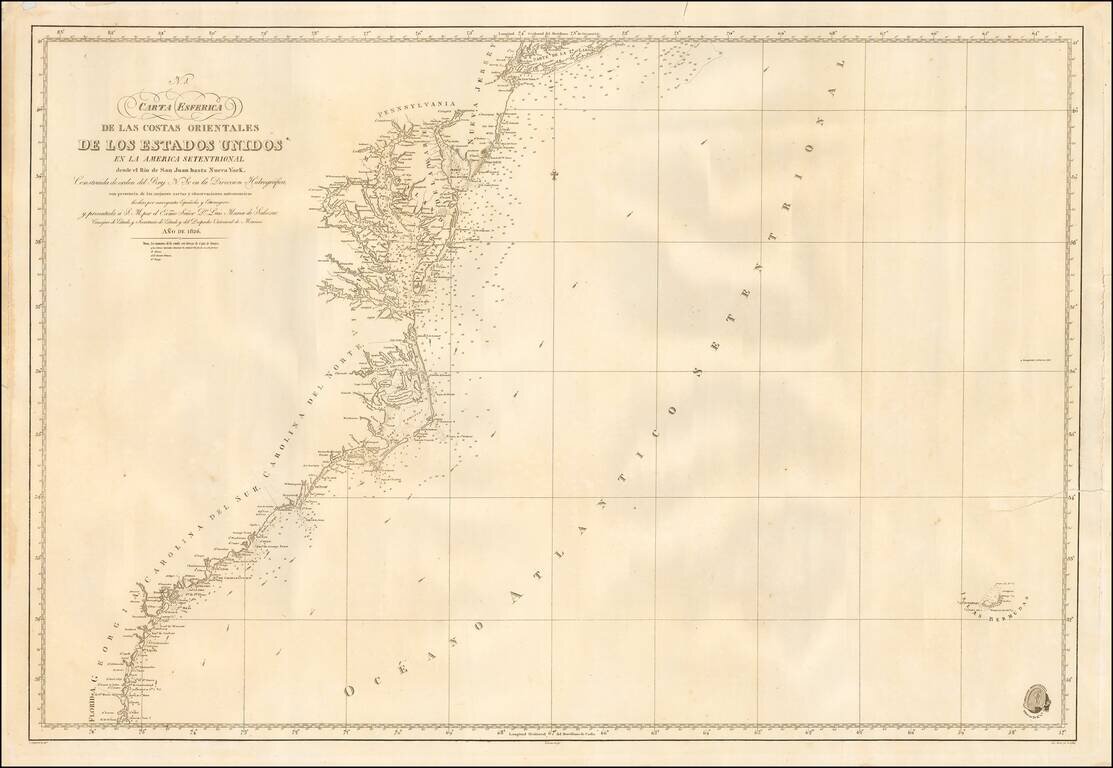 Carta Esferica de las Costas Orientales de los Estados Unidos en la America Setentrional desde el Rio de San Juan hasta Nueva York . . . 1826