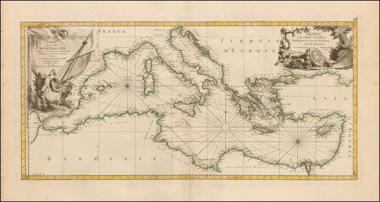 Carte de la Mer Méditerranée Appuyée sur les Observations Astronomiques Combinée avec les itinéraires anciens et Modernes par M. Bonne, Hydrographe du Roi au bureau de la Marine.