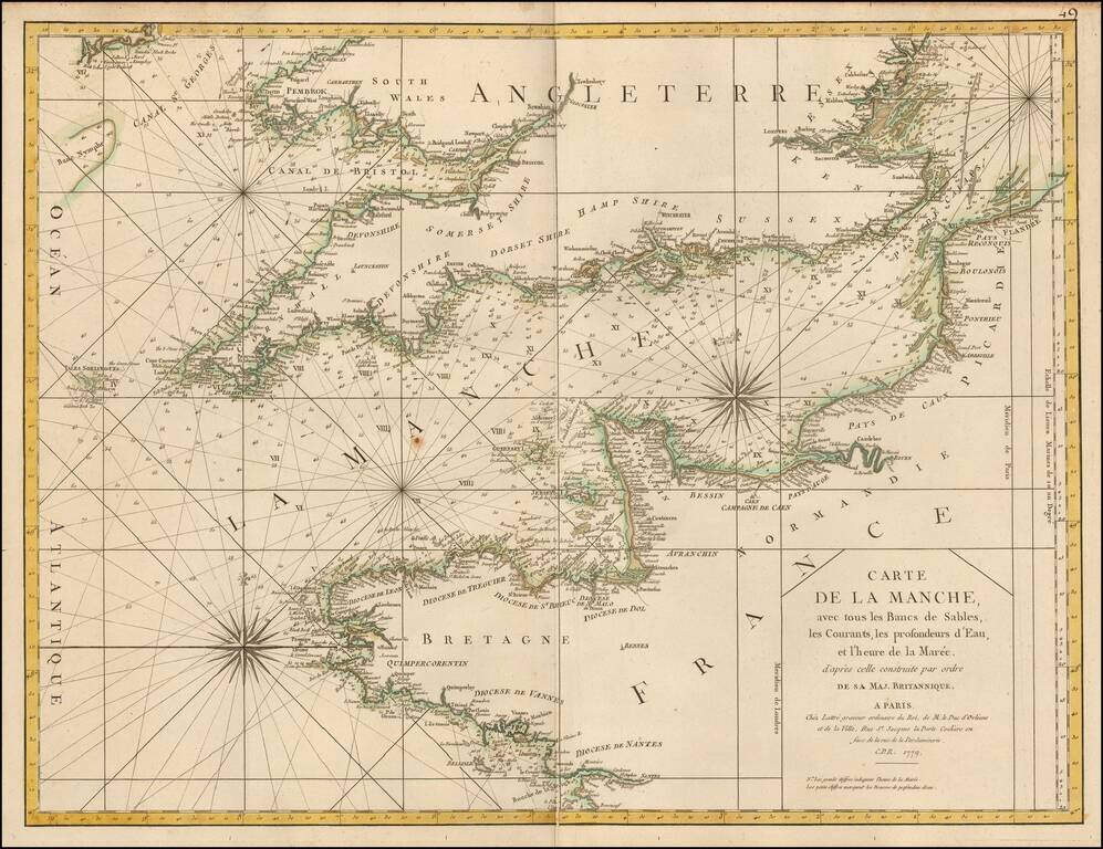 Carte de la Manche, avec tous les Bancs de Sables, les Courants, les profondeurs d'Eau, et l'heure de la Maree, d'apres celle construite par ordre de sa Maj. Britannique . . . 1779