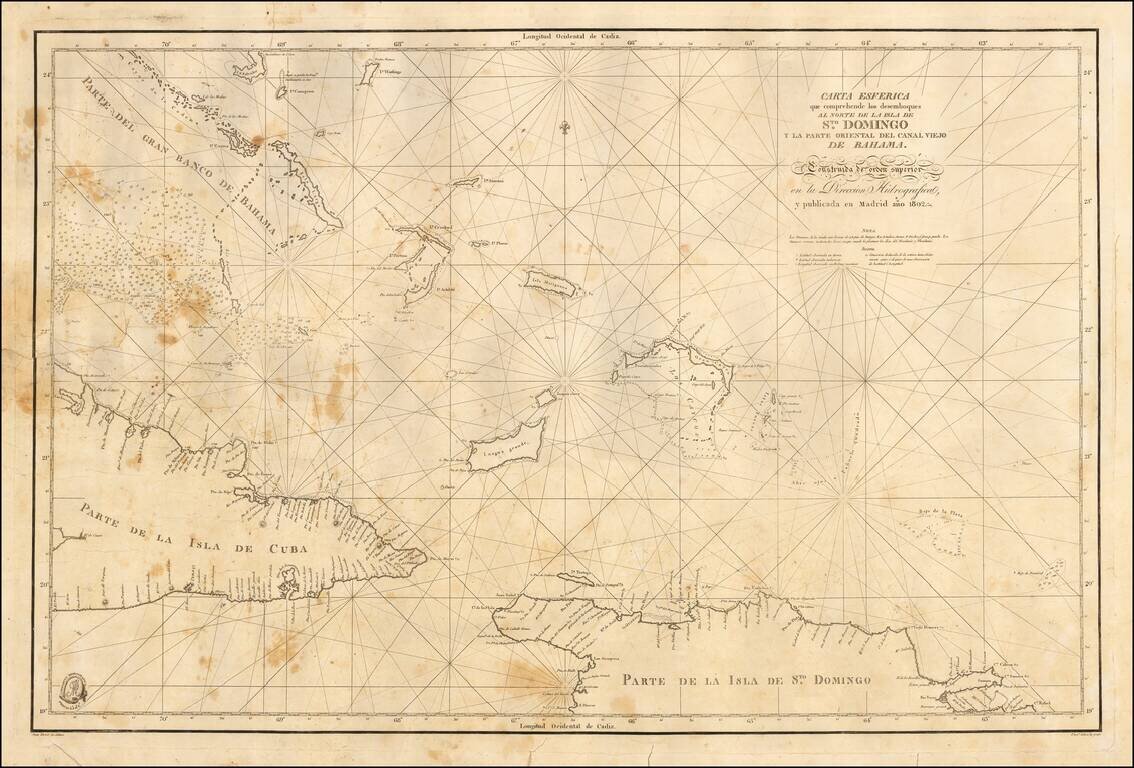 [Bahamas, Cuba, Santa Domingo]  Carta Esferica que comprende los desemboques Al Norte De La Isla de S.to Domingo y La Parte Orientale Del Canal Viejo De Bahama. Construida de oreden superior en la Direccion Hidographical y publicado en Madrid ano 1802