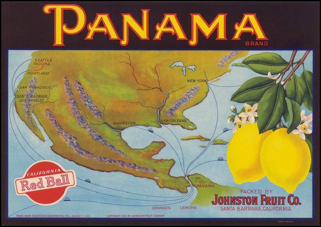 [Fruit Crate Label Advertising Map]  Panama Brand  (North America & Panama Canal)