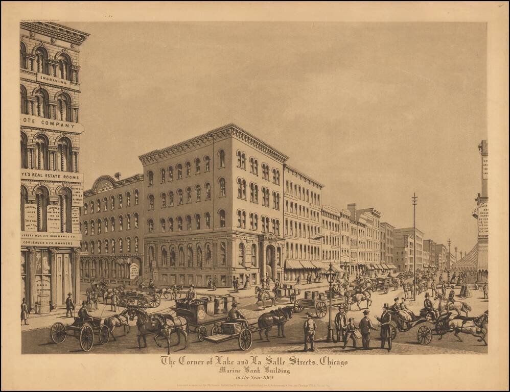 The Corner of Lake and La Salle Streets, Chicago  Marine Bank Building in the Year 1864.
