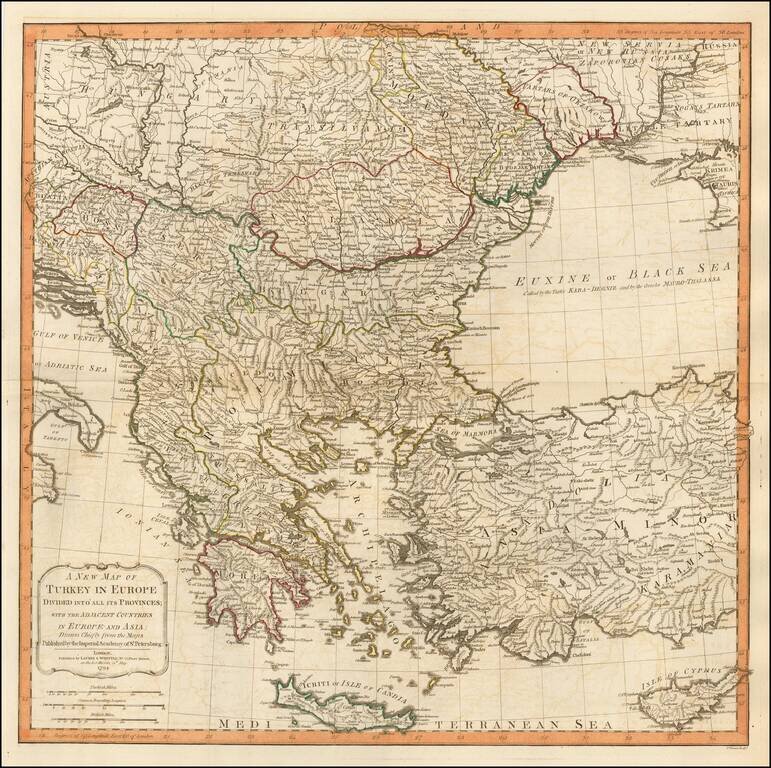 A New Map of Turkey in Europe Divided into All Its Provinces; With the Adjacent Countries of Europe and Asia . . . 1794   [shows Cyprus]