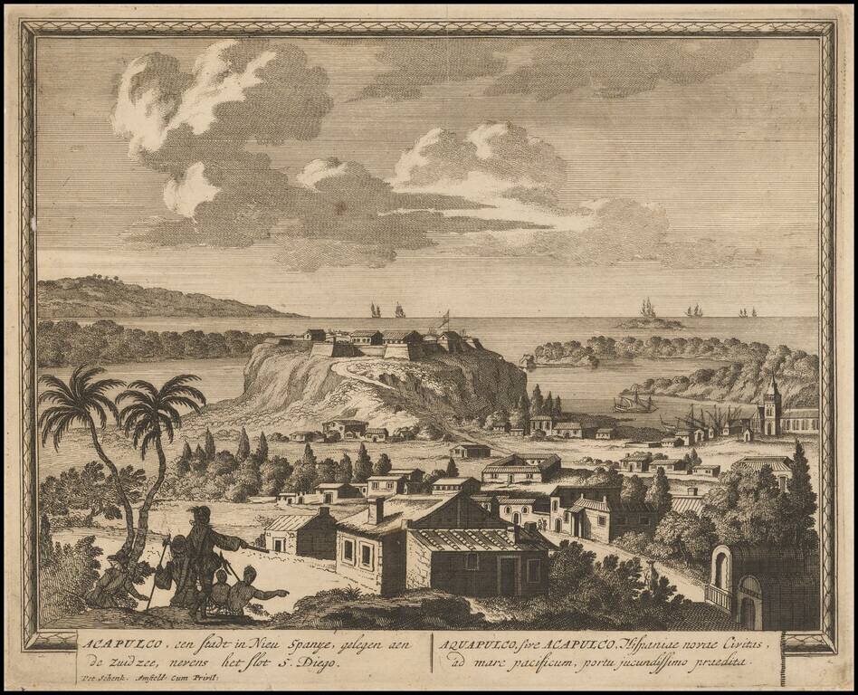 Acapulco, een Stadt in Nieu Spanje, gelegen aen de Zuid Zee, nevens het flot S. Diego