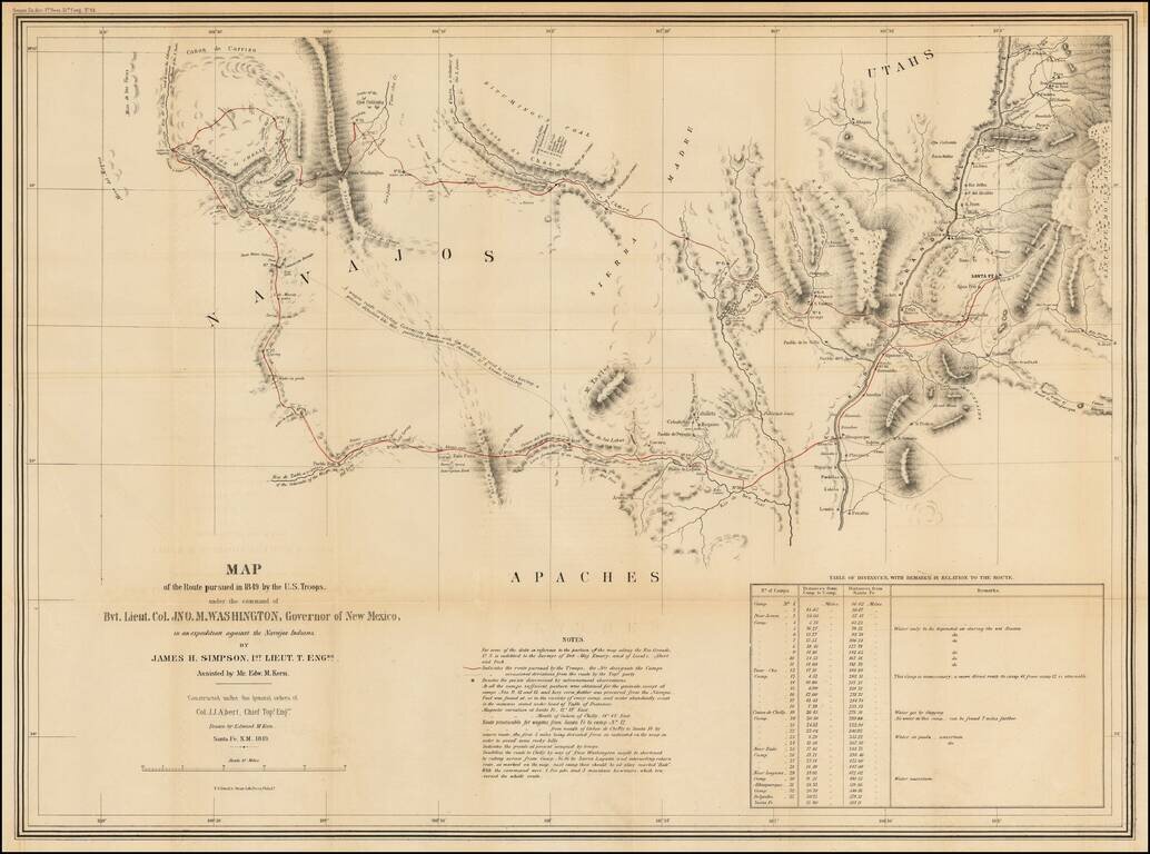 [New Mexico Territory] Map of the Route pursued by US Troops under the command of Bvt. Lieut. Col. Jno. M. Washington, Governor of New Mexico, in an expedition against the Navajos Indians. . . .1849