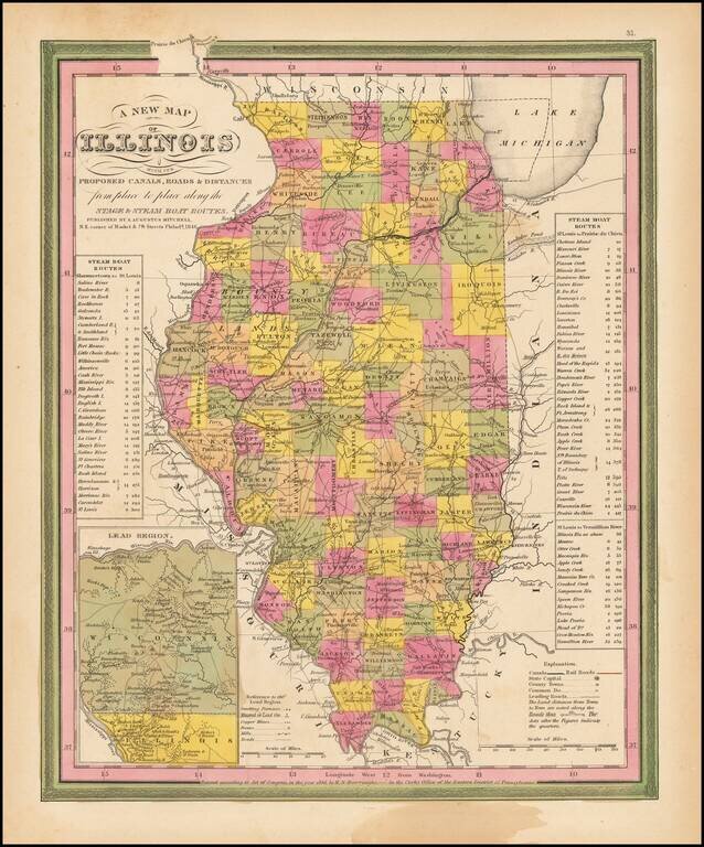 A New Map of Illinois with its Canals, Roads, Distances from Place to Place, along the Stage & Steam Boat Routes