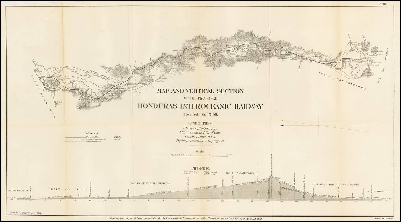 Map and Vertical Section of the Proposed Honduras Interoceanic Railway.  Located 1857 & 58.