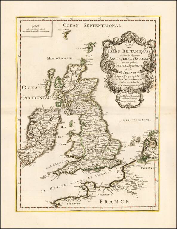 Carte Des Isles Britaniques ou Sont les Royaumes d'Angleterre, et d'Ecosse que nous appellons Grande Bretagne et celui d'Irlande Avecque les Isles quie en sont proche, et Les Costes de France, de Flandre et de Holande . . . 1685