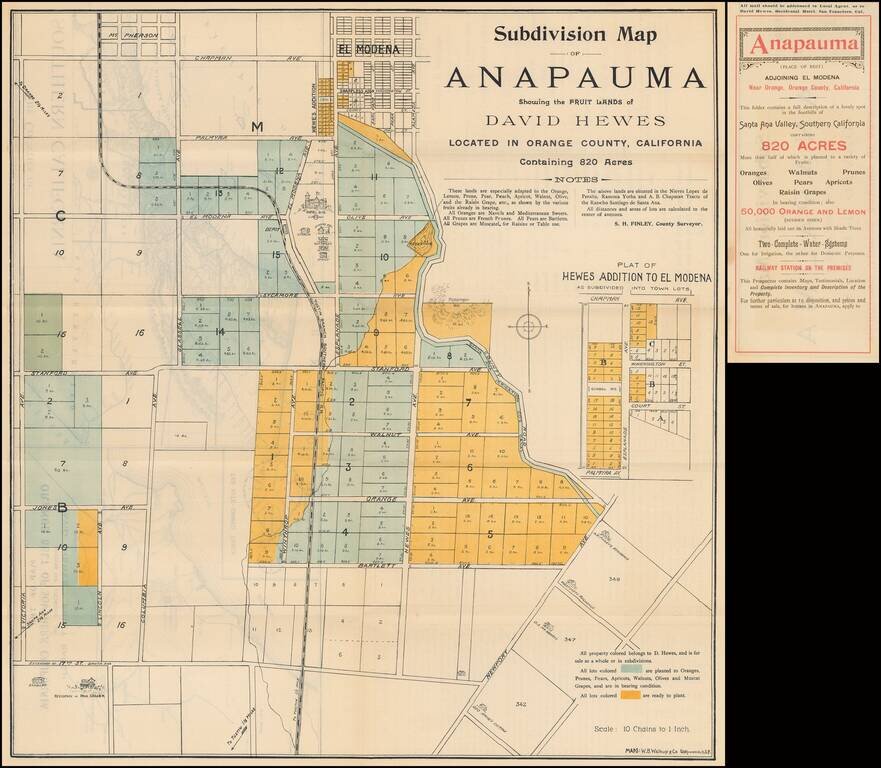 Subdivision Map of Anapauma Showing the Fruit Lands of David Hewes Located in Orange County, California