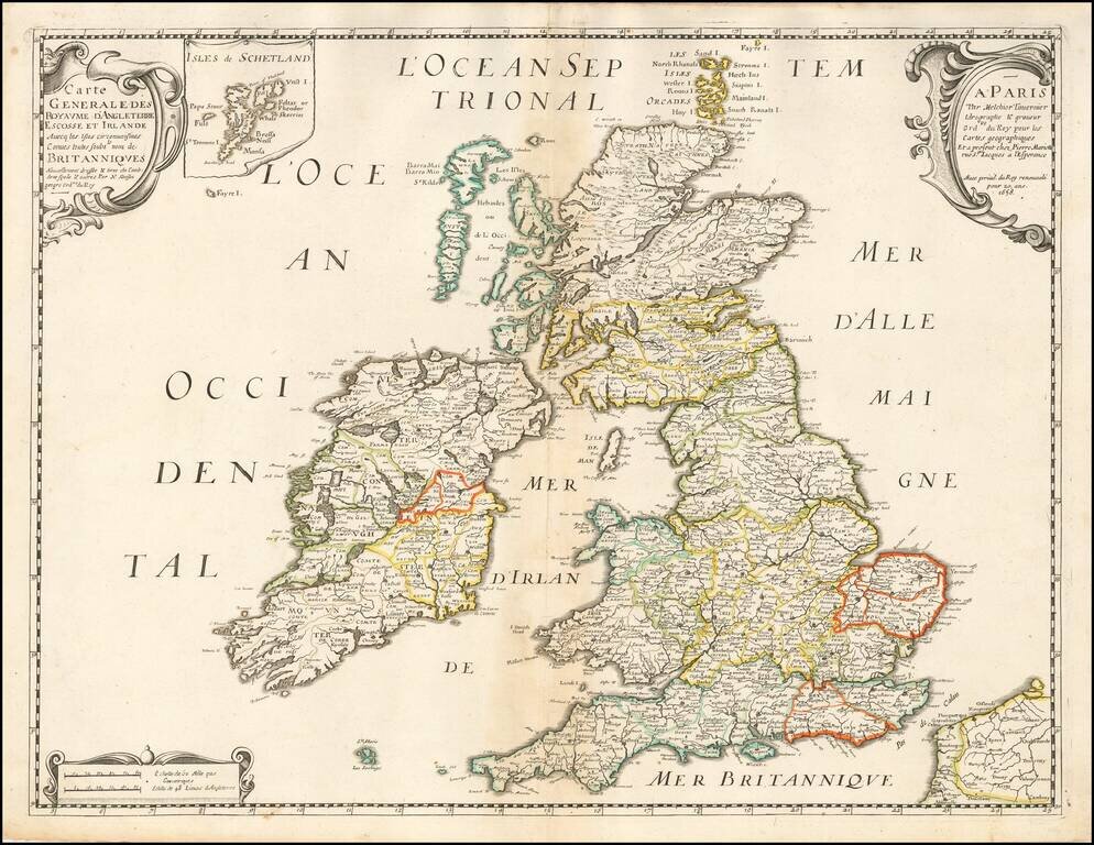 Carte Generale des Royaume D'Angleterre Escosse et Irlande Avecq les Isles circonnuisines Conues toutes Soubs le nom Britaniques . . . 1658