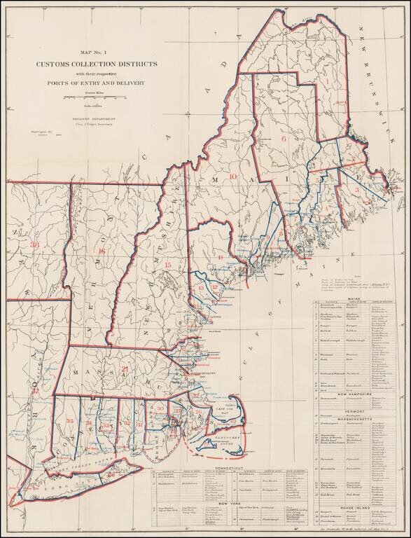 Map No. 1  Customs Collections Districts with their respective Ports of Entry and Delivery (Maine, New Hampshire, Vermont, Massachusetts, Connecticut, Rhode Island, Eastern New York )