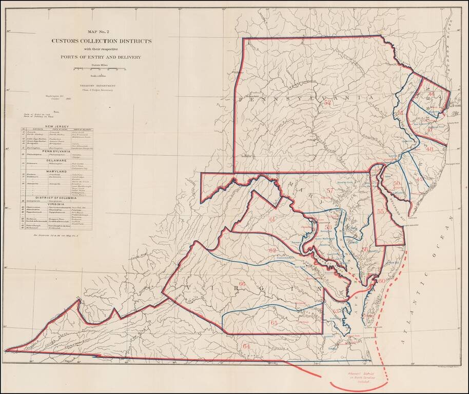 Map No. 2  Customs Collections Districts with their respective Ports of Entry and Delivery (Virginia, Maryland, Pennsylvania, New Jersey and Delaware)