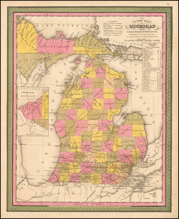 A New Map of Michigan with its Canals, Roads & Distances