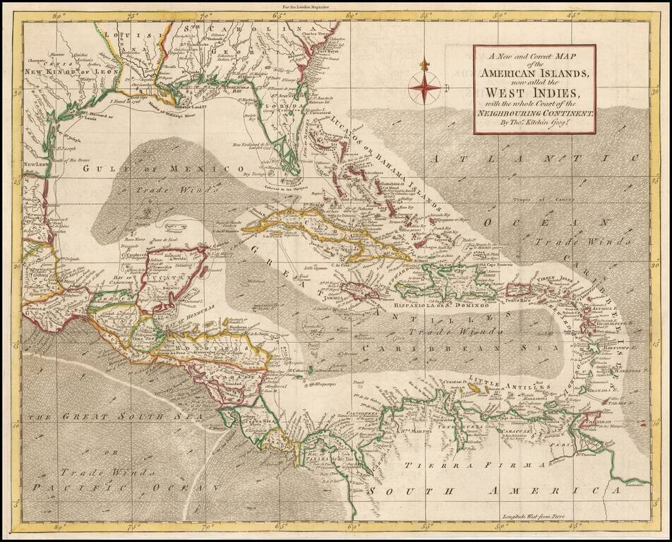 A New and Correct Map of the American Islands, now called the West Indies, with the whole Coast of Neighbouring Continent: