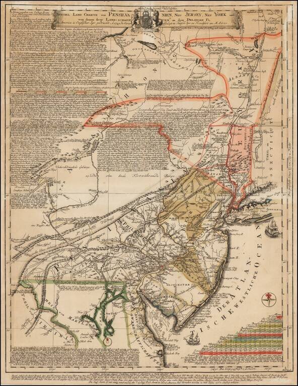 Speciel Land Charte von Pensilvanien, Neu Jersey, Neu York und von denen drey Land-schafften an dem Delaware Fl. In America in Englischer Spr. gedruckt A. 1749 In Europa duffgelegt in Teutsch Spr. zu Francfurt am M. A. 1750.