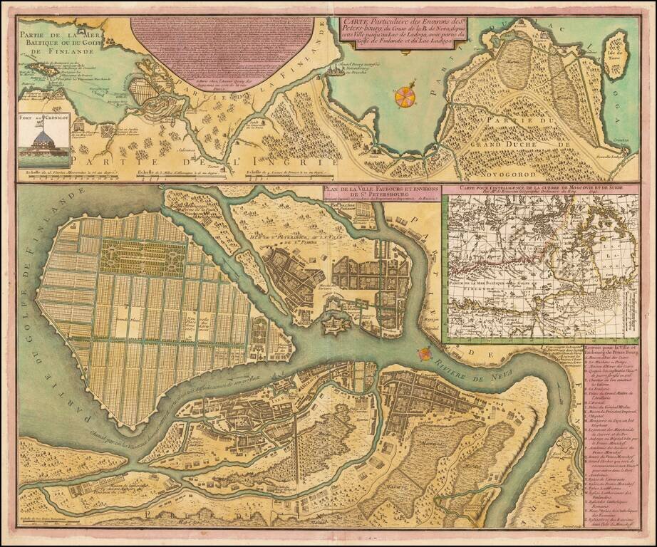Plan de la Ville Faubourg et Environs De St. Petersbourg  apresent Capitale & residence des Emereurs & Imeratrice de la Russie  |  Carte Particuliere des Environs de St. Peters-bourg, du Cours de la R. de Neva, depuis cette Ville jusqu'au Lac de Ladoga . 