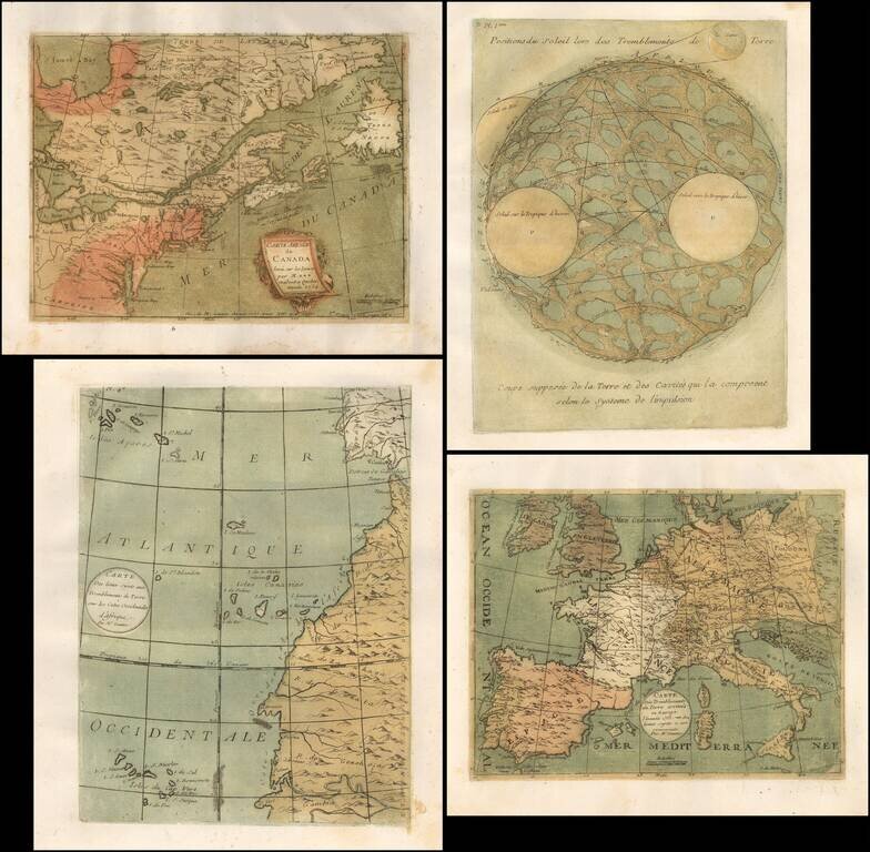 [The First Maps in  a la poupée Printed Color]  Cartes en Couleur des Lieux Sujets aux tremblements de Terre Dans toutes les parties du Monde Selon le Sisteme de l’impulsion Solaire