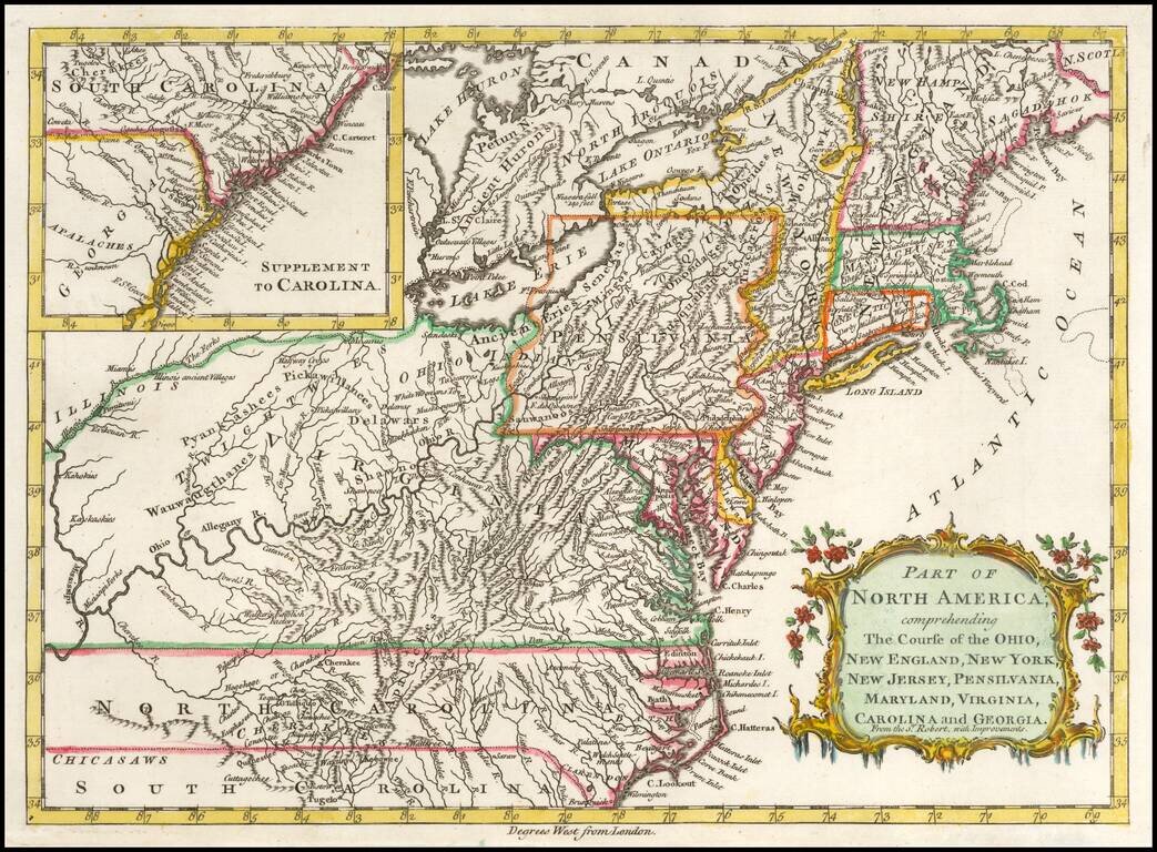 Part of North America; comprehending the Course of the Ohio, New England, New York, New Jersey, Pensilvania, Maryland, Virginia, Carolina and Georgia