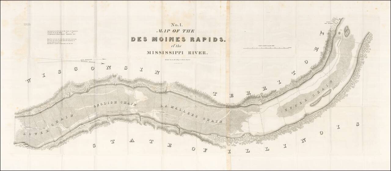 Map of the Des Moines Rapids of the Mississippi River.  Drawn by Lt. M.C. Meigs & Henry Kayser