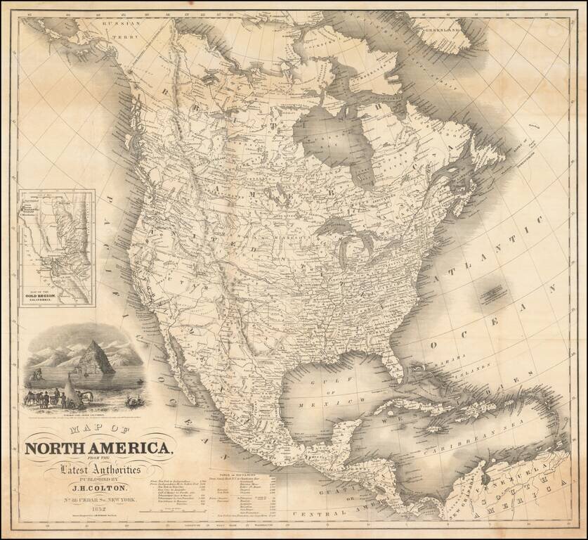 Map of North America From The Latest Authorities . . . 1852  (with inset map of Gold Regions)