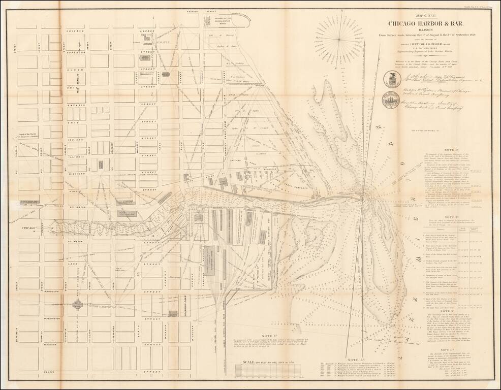 Chicago Harbor & Bar, Illinois.  From Survey made between 17th of August & the 2nd of September 1858.