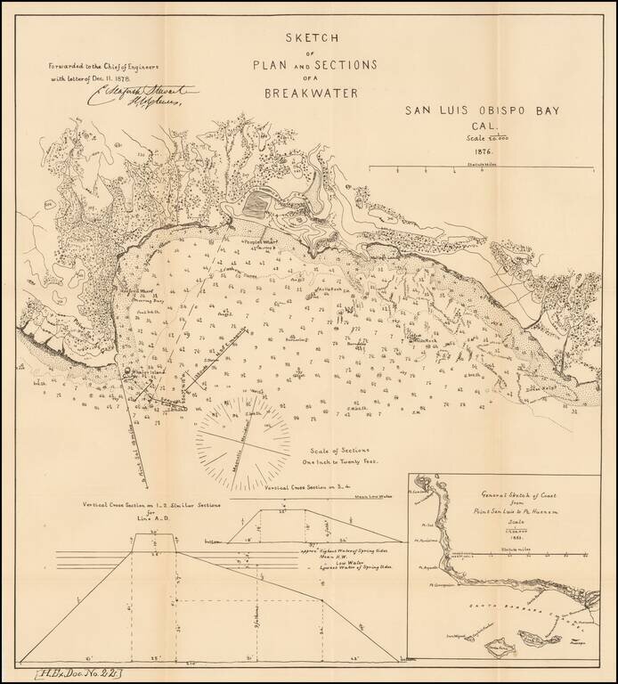 Sketch of Plan and Sections of a Breakwater   San Luis Obispo Bay Cal.  1876 . . .