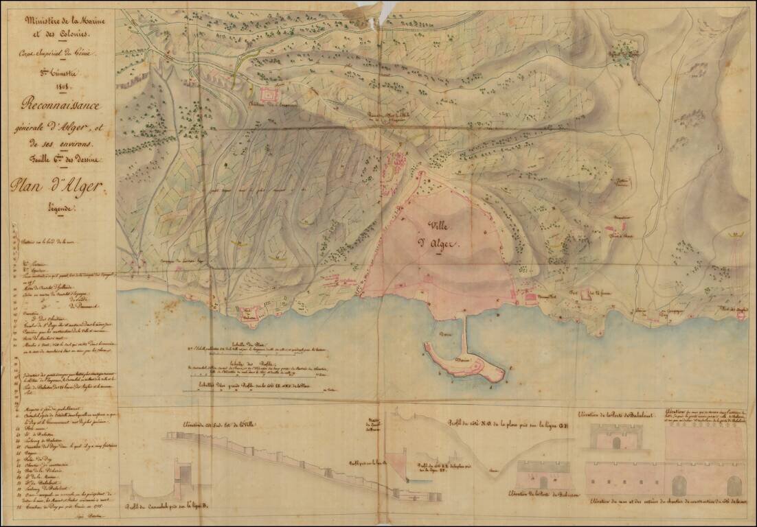 (Manuscript Map - Algiers)  Ministere de la Marine et des Colonies -- Corps Imperial du Genie 3eme Trimestre 1808 -- Reconnaissance generale d'Alger, et des ses environs -- Feuille 6eme des dessins -- Plan d'Alger