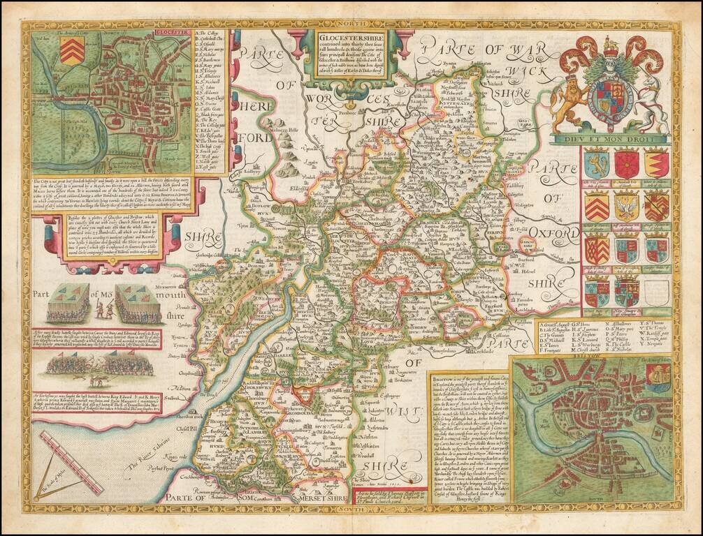 Glocestershire contrived into thirty three severall hundreds & those againe into foure principall devisions The Citie of Glocester & Bristowe discribed with the armes of such noble men as have been dignified with ye titlles of Earles & Dukes therof